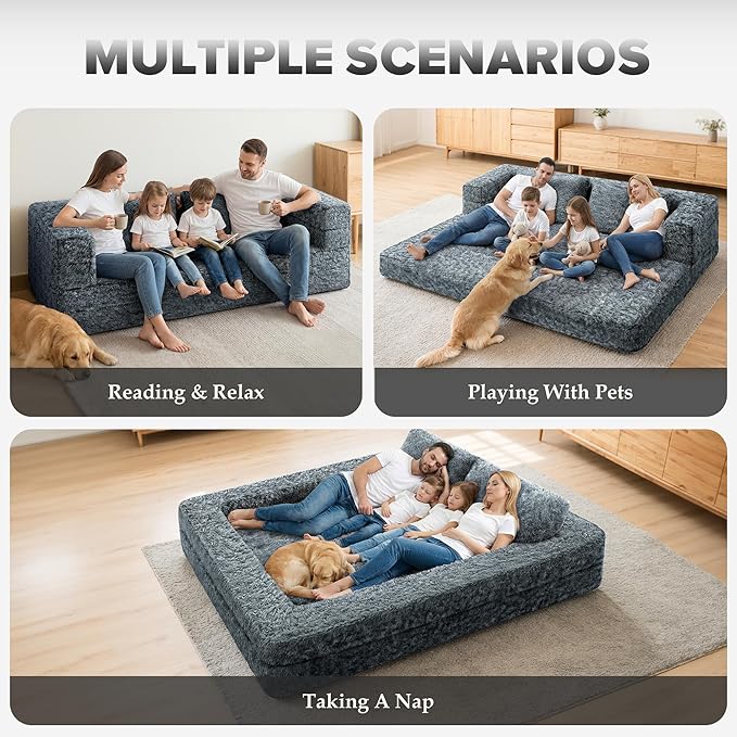 HABUTWAY Convertible Sofa Bed,3-in-1 Folding Futon Sofa Bed with Pillow, Foldable Sleeper Sofa Bed with Removable Cover,Plush Boneless Floor Chair Couch Lounge for Living Room,(Queen,Dark Grey)