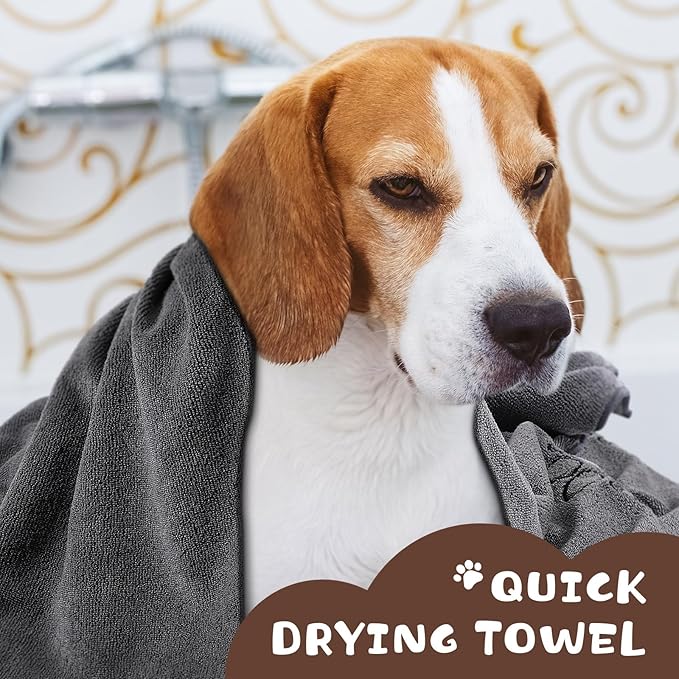 Chumia 4 Pack Dog Towels for Drying Large Microfiber Grooming Tools Absorbent Soft Bath Supplies with Embroidered Paw for Small Medium Pet Products(16 x 32 Inch,Gray, Coffee)
