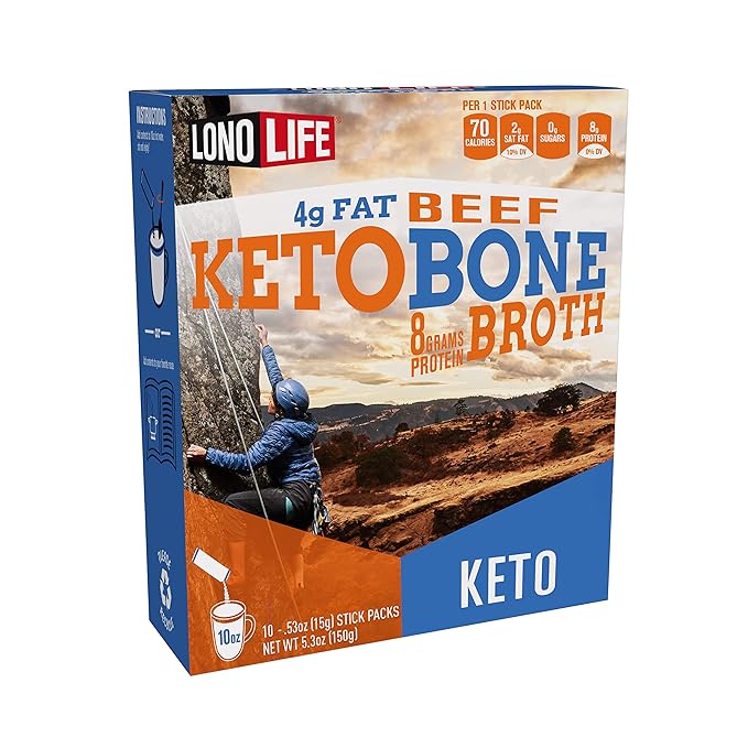 LonoLife Keto Beef Bone Broth Powder Mix | Grass-Fed, 10g Protein | Collagen-Rich, Keto & Paleo Friendly | Natural Ingredients | 10 Portable Stick Pack Servings