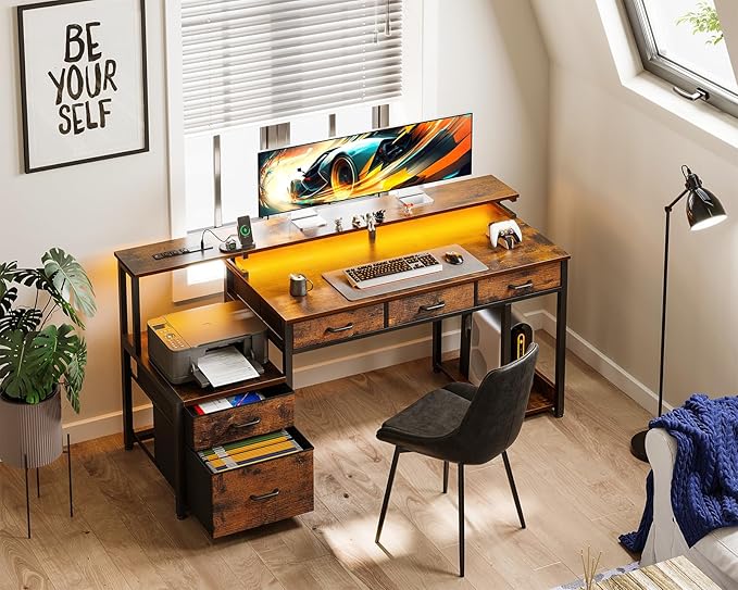 AODK 55 Inch Computer Desk with 3 Drawers and File Cabinet for Storage, Office Desk with Monitor Stand and LED Lights, Home Office Desks, Vintage