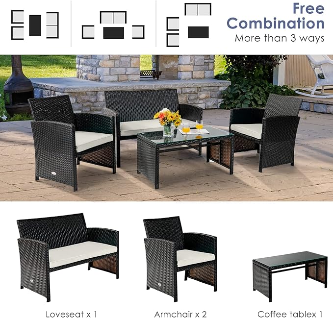 Tangkula 4 Pieces Rattan Furniture Set, Outdoor Conversation Set w/Chair & Loveseat & Tempered Glass Coffee Table, Suitable for Garden, Backyard, Poolside, Patio Furniture Set for 4 (1, White)