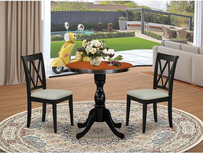 East West Furniture ESBR3-BCH-17 3 Piece Dining Table Set Contains a Round Dining Room Table with Pedestal and 2 Light Sable Linen Fabric Upholstered Chairs, 30x30 Inch, Black & Cherry