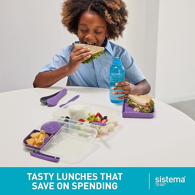 Sistema Bento Box Adult Lunch Box with 3 Compartments, 2 Removable Trays, and Salad Dressing Container, Dishwasher Safe, Color May Vary, 42 oz./1.25L Size (Pack of 4)