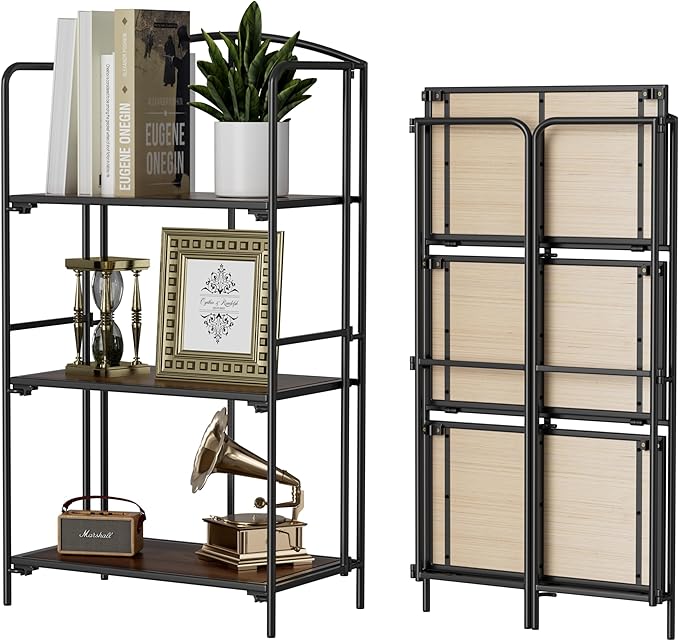 Crofy No Assembly Folding Bookshelf for Living Room, 3 Tier Black Collapsible Book Shelf for Home Office, Portable Bookcase Storage Organizer