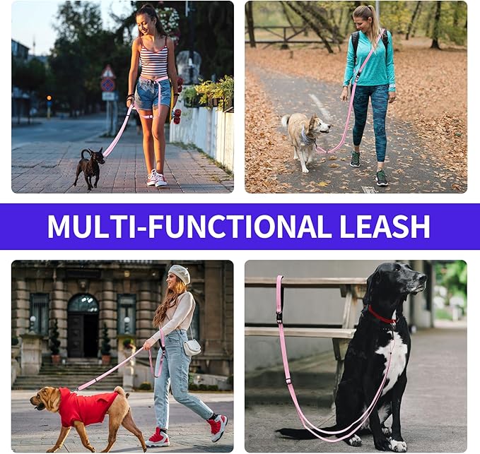 Kazazoo Hands-Free Dog Leash Adjustable Length 5-8 Ft, Waist for Dog Walking, Running for Small &Medium Dogs with Reflective Strips, Ballistic Nylon, Waist Belt, Lightweight Pink