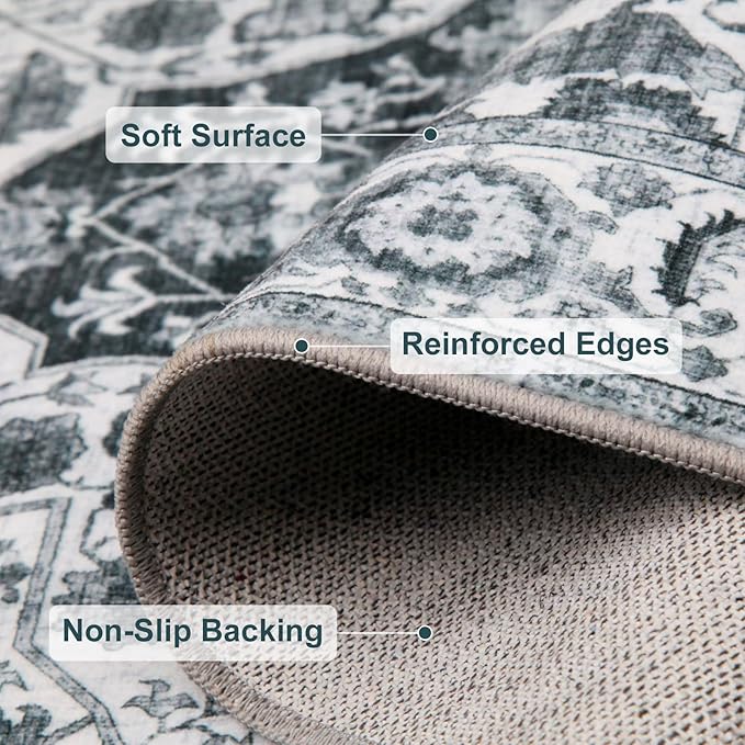 WILLSUN Washable Area Rugs, 2x6 Non-Slip Boho Area Rugs for Kitchen, Living Room, Bedroom, Machine Washable Vintage Rug, Indoor Floral Print Carpet for Home Decor, Kid & Pet Friendly Mat