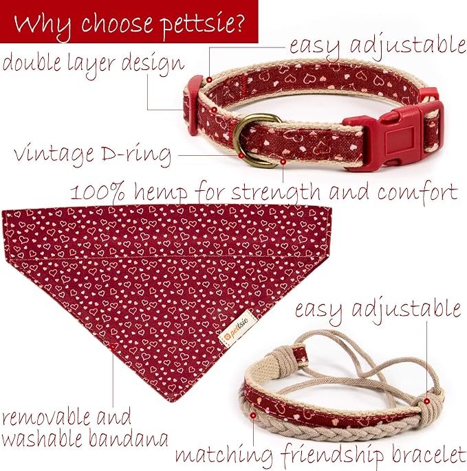 Pettsie Adjustable Dog Bandana Collar with Matching Owner Friendship Bracelet – Soft & Durable Hemp, Stylish Removable Scarf for Dogs, Gift-Ready Set for Pet Lovers, Medium, Red