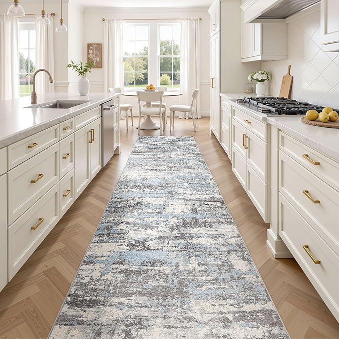 Hallway Washable Runner Rug: 3x12 Abstract Modern Soft Stain Resistant Non-Slip Backing Runner for for Entryway Kitchen Laundry - Blue Grey