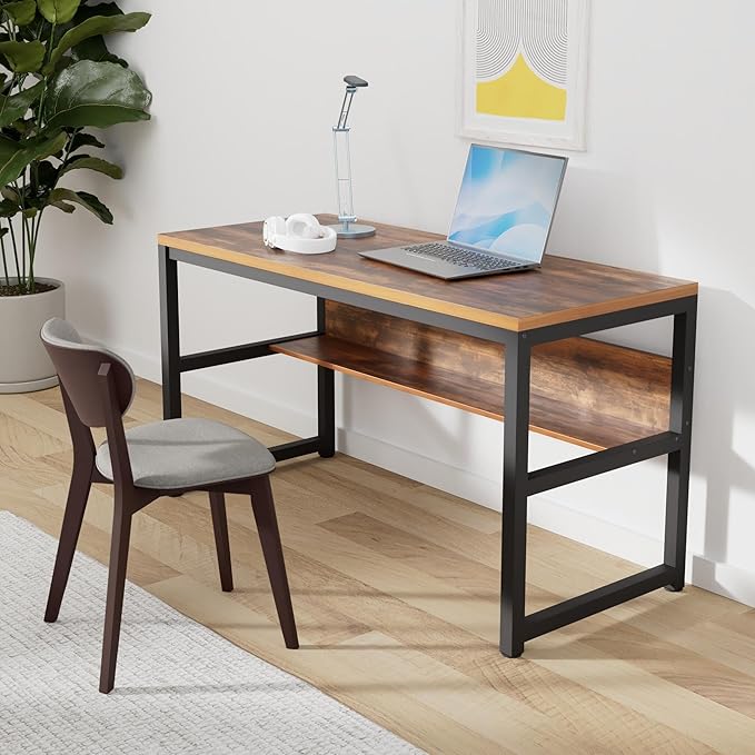 TOPSKY Computer Desk with Bookshelf/Metal Hole Cable Cover 1.18" Thick Desk (55", Rustic Brown)