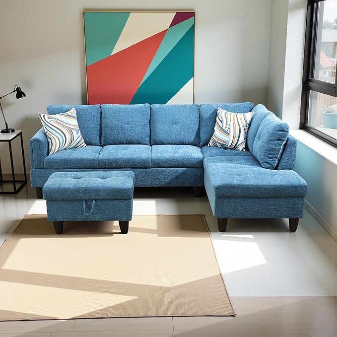 Couches for Living Room Modern L Shaped Couch Comfy Flannel Fabric 3 Pieces Sectional Sofa with Chaise, Ottoman with Storage for Office and Small Apartment, Blue