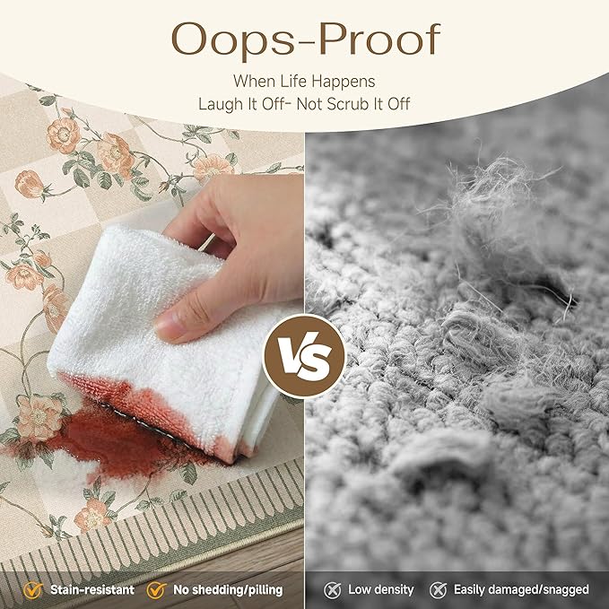 HUGEAR 2x3 Checkered Rugs for Entryway Machine Washable Beige Small Carpet Floral Print Non-Slip Stain Resistant Low Pile Indoor Throw for Entrance Kitchen Bedroom Dining Laundry