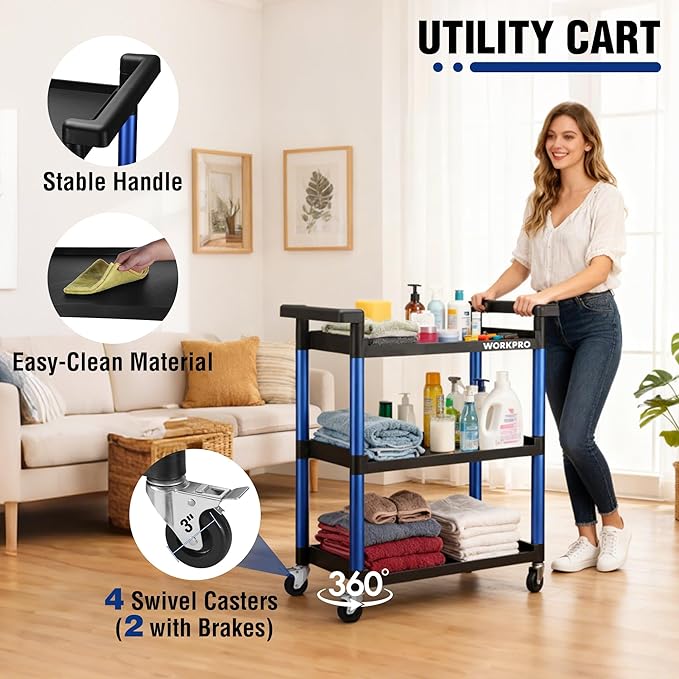 WORKPRO 3-Tier Service Utility Cart, 400LBS Plastic Rolling Cart with Handles & Lockable Wheels, Heavy Duty Storage Cart for Restaurant, Kitchen, Office, Garage, Warehouse