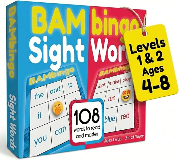 THE BAMBINO TREE Sight Word Bingo Game Level 1 and 2 - Educational Games for Kids - Learn to Read Vocabulary for Kindergarten 1st Grade - Dolch's Fry's Words Lists