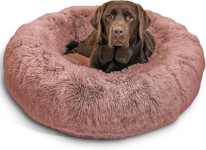 Best Friends by Sheri Original Calming Donut Dog and Cat Bed, Shag Faux Fur, Dusty Rose, (36in x 36in) - Anxiety Relief for Pets Up to 100 lbs