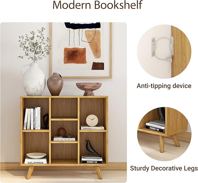 Manora Bookshelf with 7 Open Storage Cubes, Wooden Bookcase Organizer, Rustic Modern Display Shelf for Living Room, Bedroom, Office