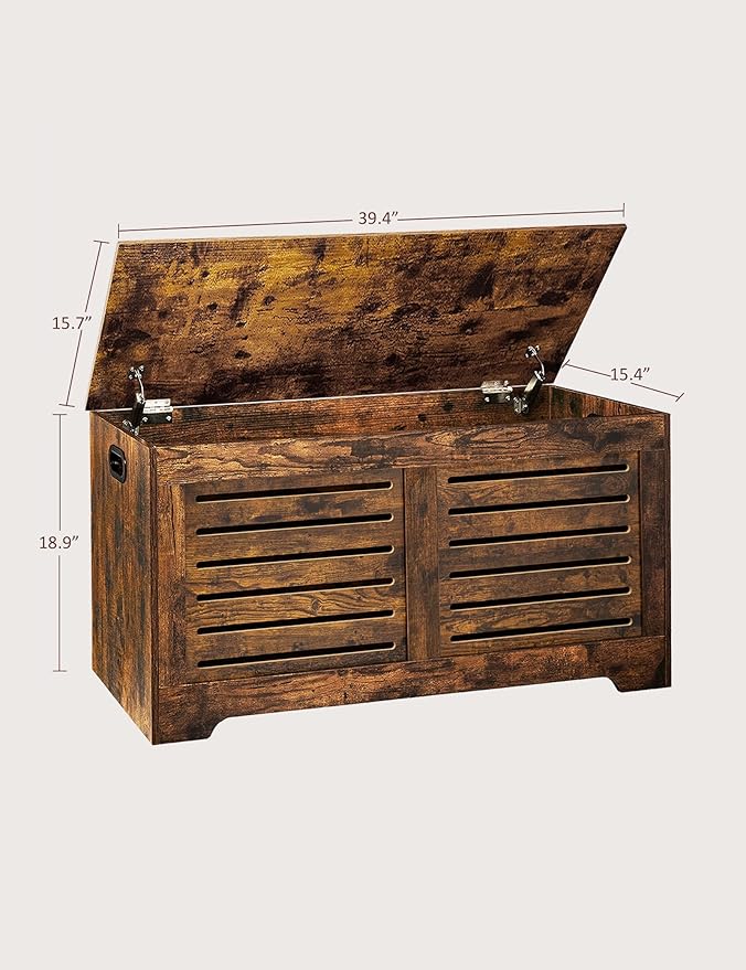 DINZI LVJ Storage Chest, 39.4”Wooden Toy Box with 2 Safety Hinges, Retro Entryway Shoe Storage Bench with Flip-Top, Sturdy Large Storage Trunk for Living Room, Bedroom, Easy Assembly, Rustic Brown
