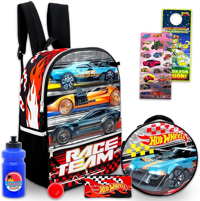 Hot Wheels Backpack with Lunch Box for Boys - Bundle with 16" Racecar Backpack, Lunch Bag, Water Bottle, Pencil Case, Stickers, More | Hot Wheels School Bag for Kids