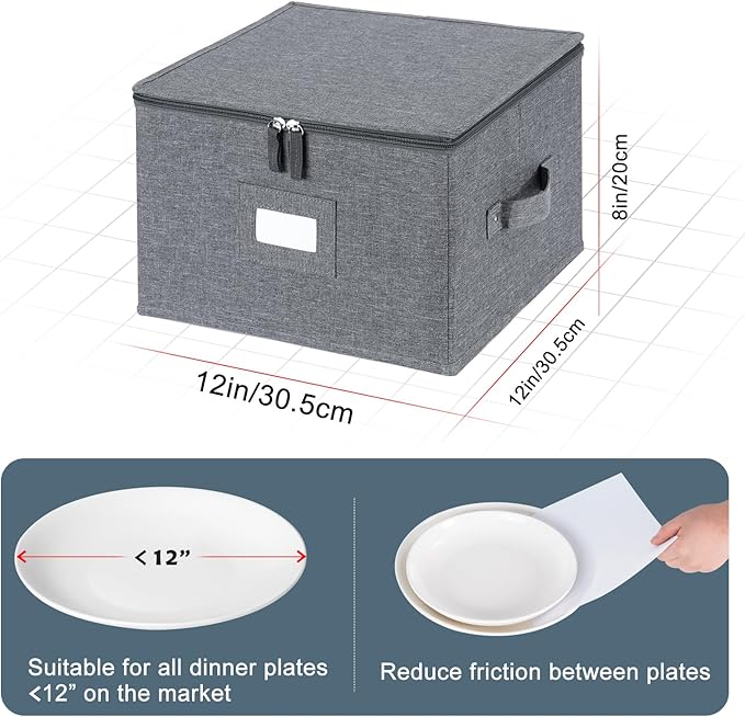 popoly China Storage Containers Inside 12" W x 8" H, Dinnerware Storage Box for Dishes Plate Storage with 24 Felt Dividers, Hold 24 Plates, Hard Shell and Stackable（4PACK