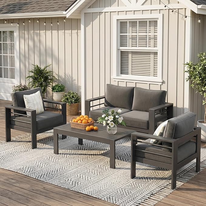 Solaste Aluminum Patio Furniture Set for All Weather, Oversized Metal Outdoor Furniture Set with 27.5" Deep Seating and 3.2" Wide Armrest, Outdoor Patio Conversation Sets with 10" Back Cushion, Gray