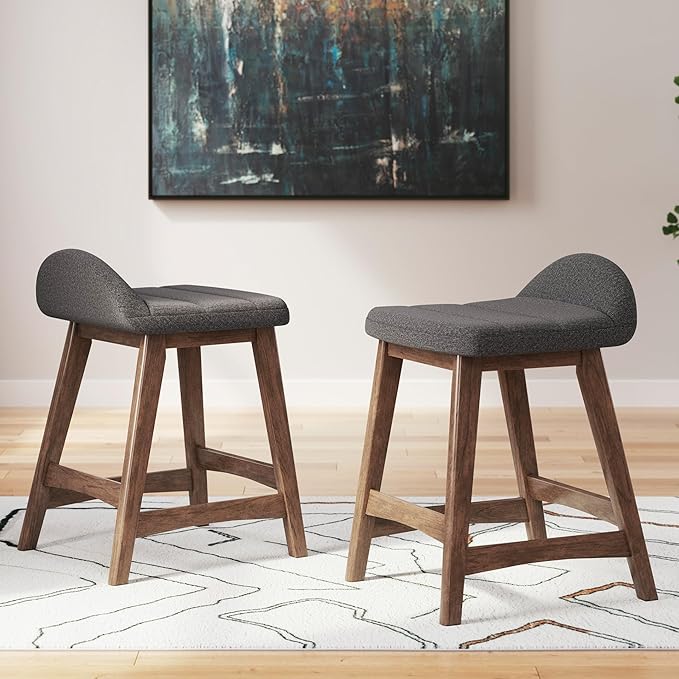 Signature Design by Ashley Lyncott Contemporary 28.5" Counter Height Upholstered Bar Stool with Foam Cushion, 2 Count, Charcoal & Brown