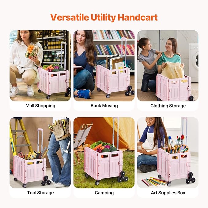 VEVOR Foldable Utility Cart, 65L Collapsible Portable Crate Rolling Cart with Stair Climbing Wheels & 360° Swivel Wheels, Hand Cart with Telescoping Handle for Shopping Office Moving Teacher, Pink
