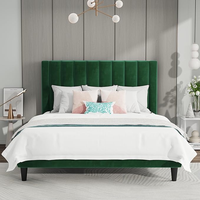 SHA CERLIN Queen Bed Frame/Velvet Upholstered Platform Bed Frame with Headboard/Strong Wood Slats Support/Mattress Foundation/No Box Spring Needed - Green