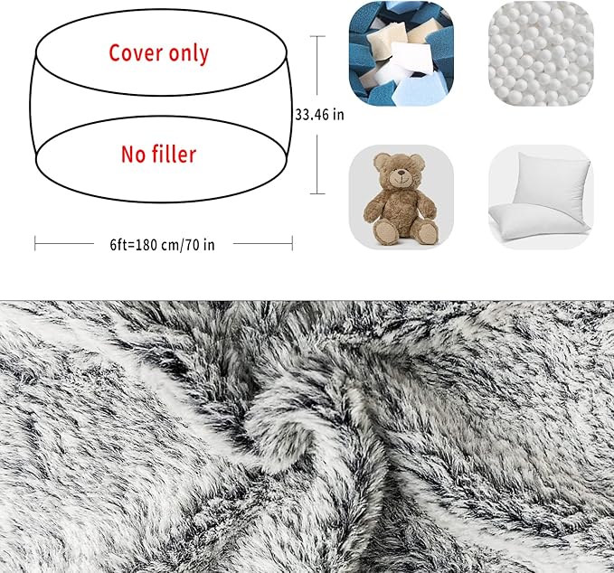 (No Filler Bean Bag Chair Cover Without Filler,Big Round Soft Fluffy PV Velvet Washable Bean Bag Lazy Sofa Bed Cover for Adults,Living Room Bedroom Furniture Outside,6ft Black