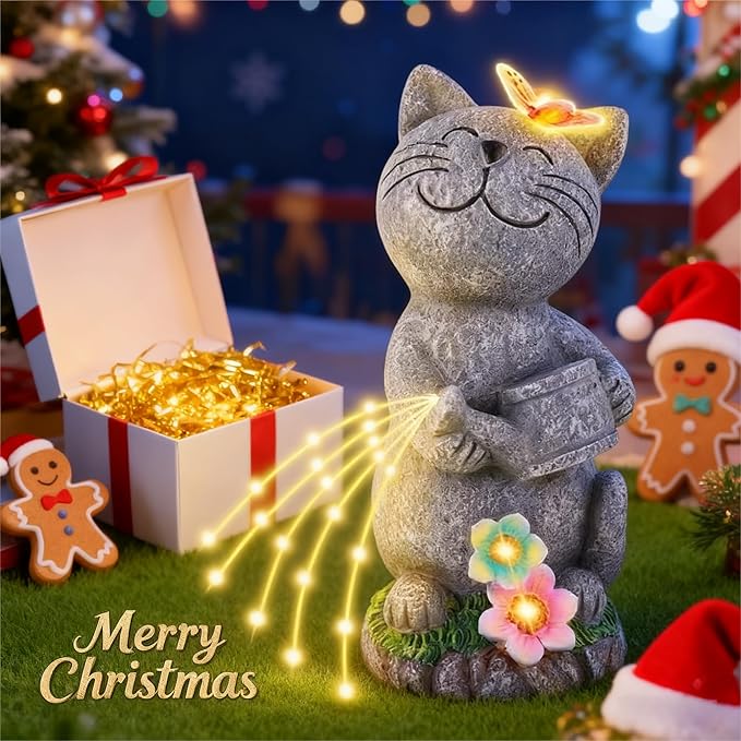 Solar Garden Cat Decor, Animal Statue Outdoor Lights, Mothers Day Birthday Housewarming Gifts for Mom Grandma Women Sister Wife Lady Lover-Patio, Porch, Yard, Balcony Decorations, Lawn Ornaments.