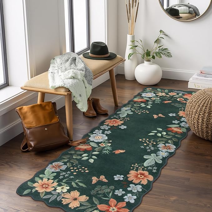 Lahome Floral Kitchen Runner, 2x5 Rug Runners for Hallways Non Slip Ultra-Thin Soft Non Slip Washable Runner Low-Pile Stain Resistant Boho Carpet for Bathroom Bedroom(2x5ft,Dark Green)