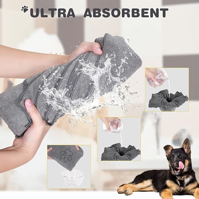 Chumia 4 Pack Dog Towels for Drying Large Microfiber Grooming Tools Absorbent Soft Bath Supplies with Embroidered Paw for Small Medium Pet Products(16 x 32 Inch,Gray)