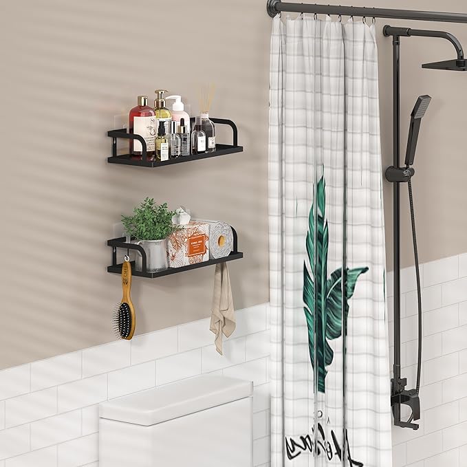 PUSDON Hanging Storage Baskets Organizer Wall Mount, Metal Wire Storage Bin Rack for Kitchen Bathroom Shower Spice Shelf Home Decor Essentials Black-2 Packs (Hollowout)