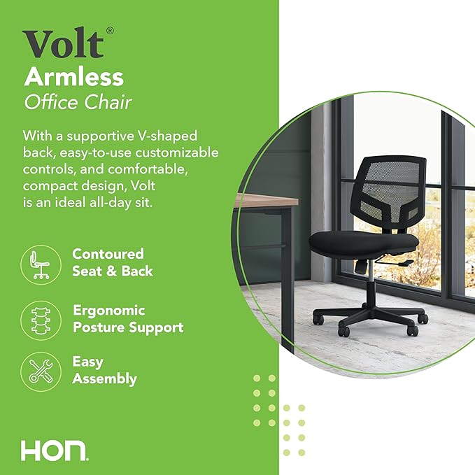 HON Volt Fabric Office Chair with Mesh Back, Home Desk Chairs with Wheels, Ergonomic Recline and Center Tilt, Black