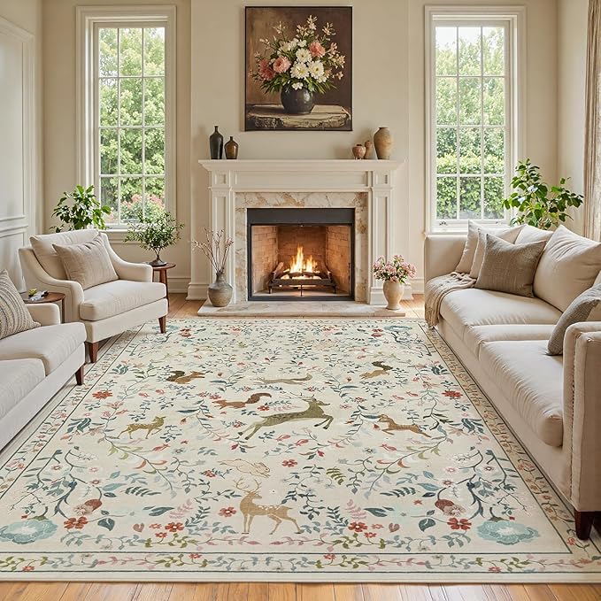 8x10 Area Rugs Washable Rug: Lagre Boho Living Room Rug Soft Non-Slip Thin Carpet Indoor Floor Non-Shedding Neutral Floral Carpets for Bedroom Dining Room Farmhouse Nursery Beige Animal
