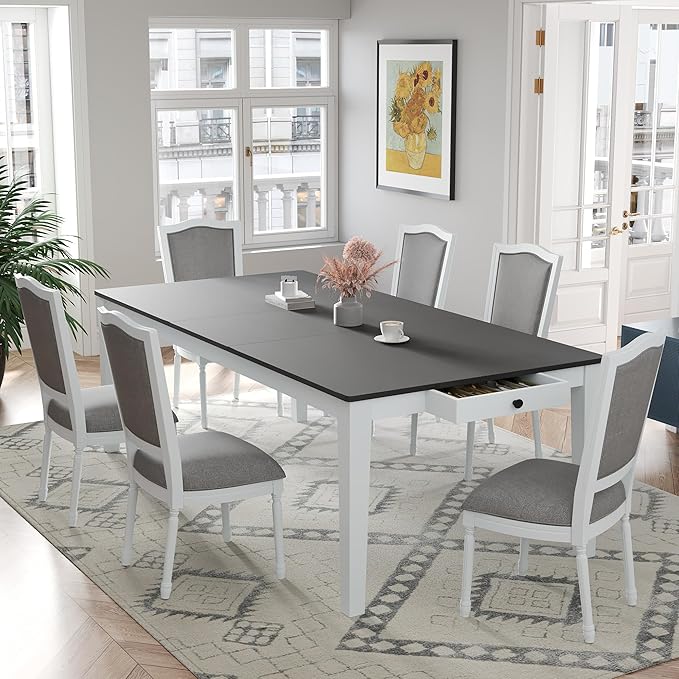 Merax Rustic 7 Piece 78.1inch Extendable Dining Table Set with 18inch Removable Leaf, 6 Upholstered Dining Chairs, 2 Built-in Drawers, Dark Gray+White