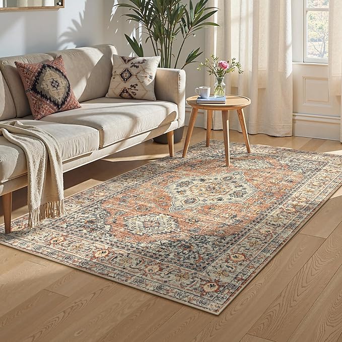 Lahome Oriental Washable Rug, 3x5 Rugs for Bedroom Living Room Entryway, Vintage Ultra-Thin Non-Slip Soft Throw Carpet for Kitchen Office Entrance, Peach/Orange