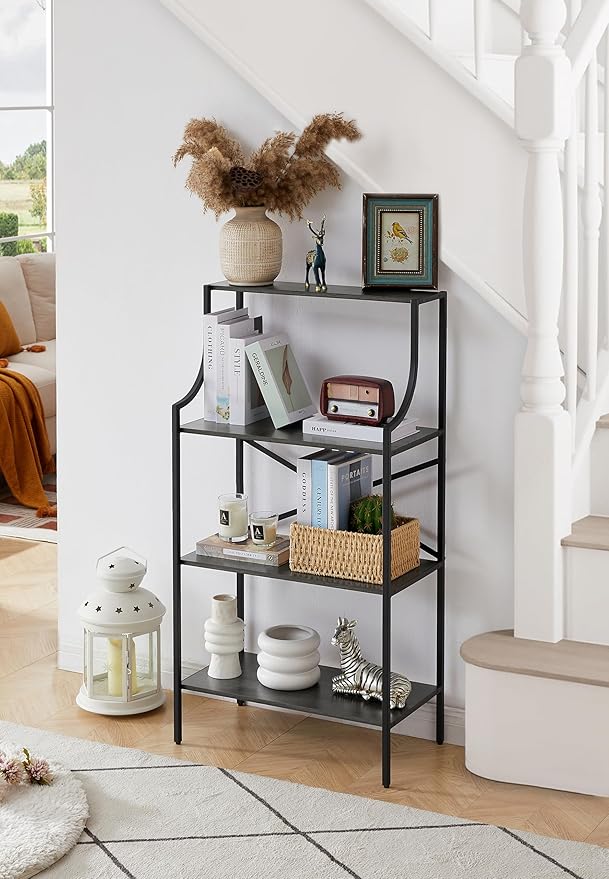 4 Tier Bookshelf, Entryway Standing Shelf Units with Storage, Small Bookcases with Open Shelves, Home Storage Shelving for Bedroom, Study, Living Room, Wood Grey