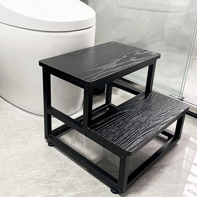 Step Stool, Bedside Steps for High Beds with Round Corners, 2 Steps Footstool for Adults, Metal and Wood Stepping Stool for Kitchen Bedroom, Load 500 LB, Black