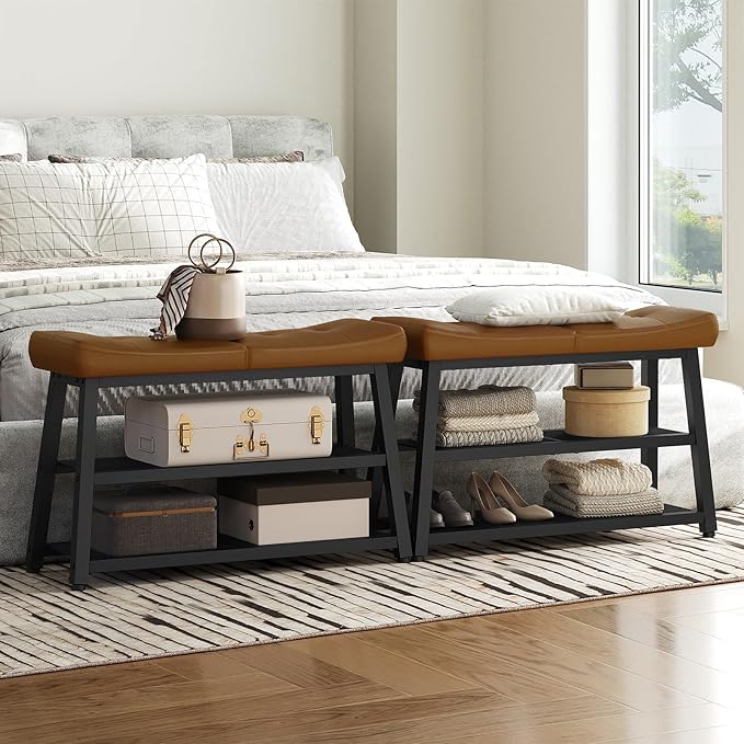 Shoe Bench, 3-Tier Shoe Rack, Entryway Bench with Storage and Cushion, for Hallway, Foyer, Bedroom, Brown and Black HX02BV