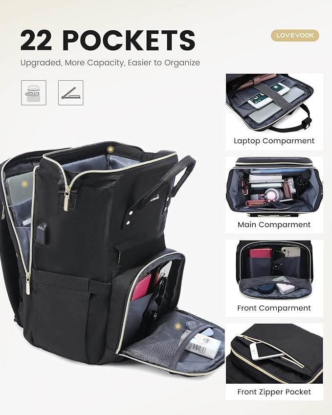 LOVEVOOK 17.3 Inch Laptop Backpack, Large Travel Backpack for Women, Water Resistant Teacher Backpack with Laptop Compartment, Professional Business Work bags with Charger, Black