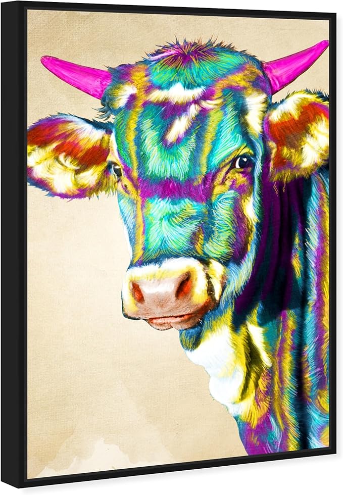 Country Farmhouse Canvas Print Painting Animal Wall Art 'Fun Colorful Glam Farm Cow' Black Framed Canvas Rustic Home Décor 16x24 in Green, Pink by Oliver Gal