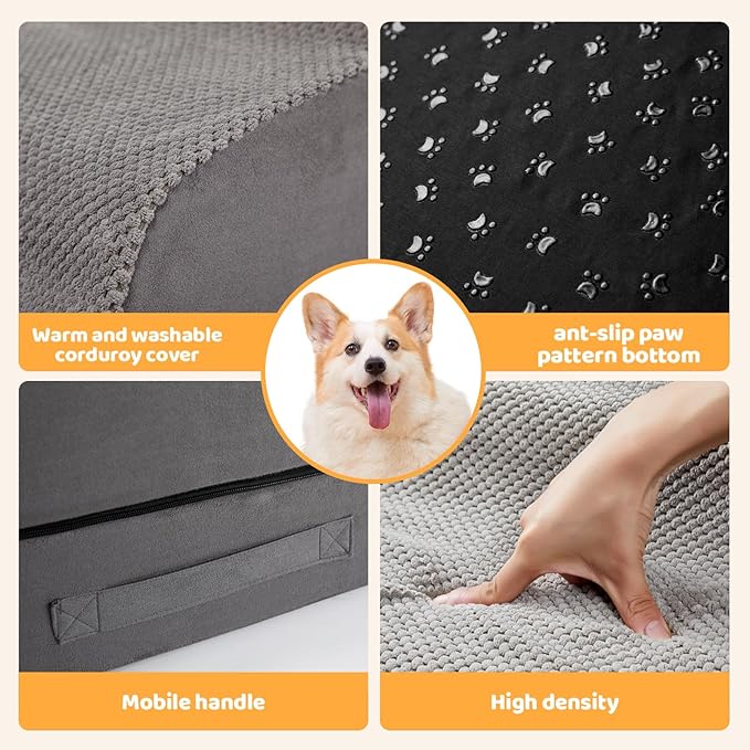 Dog Stairs/Steps for High Beds up to 30-36 inches, 30 Inch Height Pet Steps for Small Dogs/Old Pets, 30D Foam Dog Ladder for Large Dogs, Non-Slip Dog Ramp for Bed, Grey