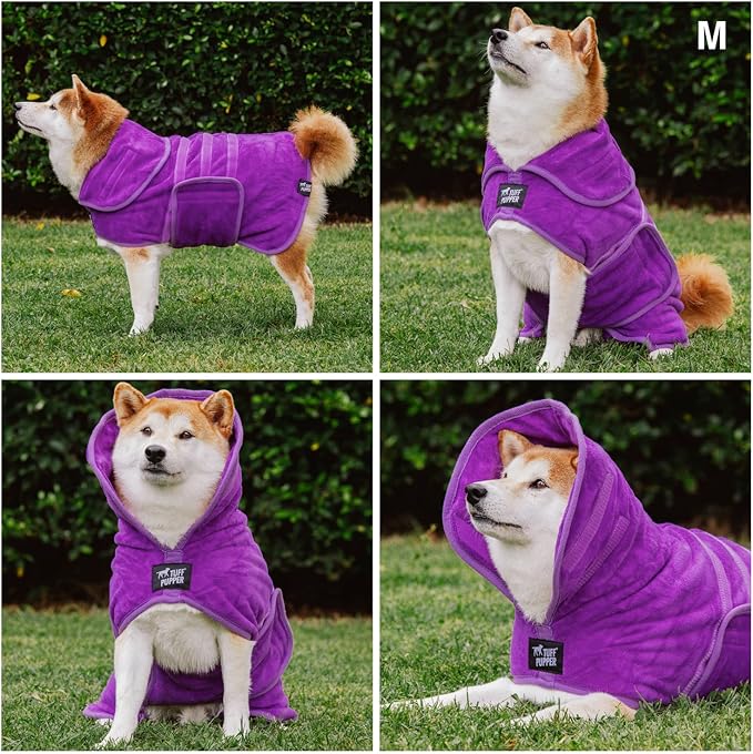 Tuff Pupper Fast Drying Dog Bath Robe | 800 GSM Plush Dog Towel Bathrobe/Dressing Gown | Super Absorbent Pet/Puppy Bathrobe | Adjustable Hood & Belly Strap | Super Soft | Fast Drying (M, Purple)