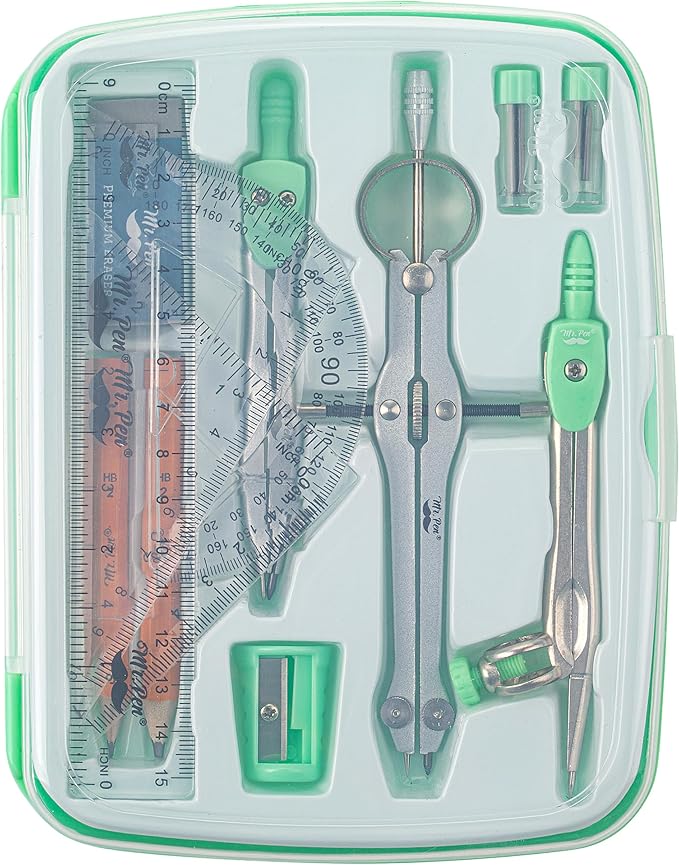 Mr. Pen- Geometry Set, 13 pcs, Mint Green, Compass for Geometry Compass Math, Geometry Kit Set with Shatterproof Storage Box, Math Compass, Geometry Set for School, Protractor and Compass Set