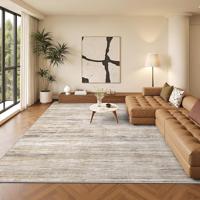 Art&Tuft Washable Rug, Anti-Slip Backing Abstract Area Rugs, Stain Resistant Rugs for Living Room, Foldable Machine Washable Area Rug(03-Beige, 8'x10')