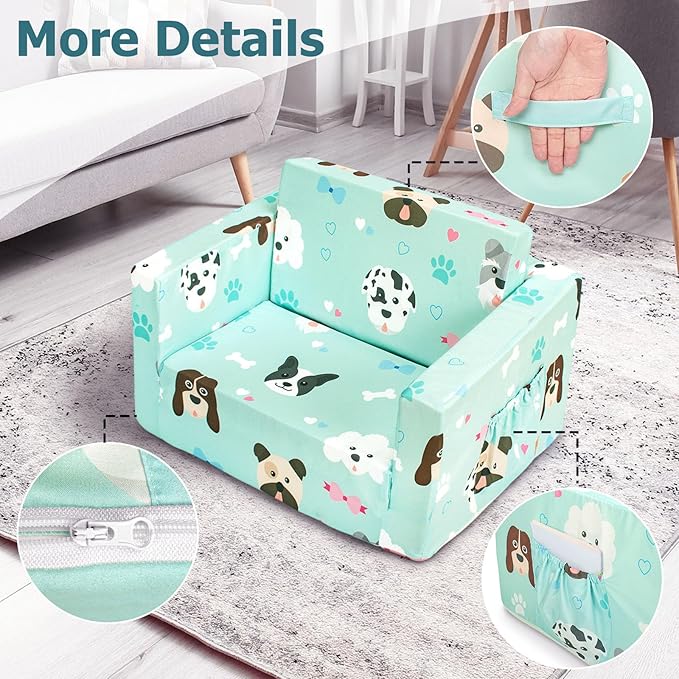Kids Couch, 2-in-1 Kids Fold Out Sofa, Convertible Toddler Couch to Lounger for Girls and Boys, Soft Toddler Chairs Comfy 1-3 Years Old (Green Dog)