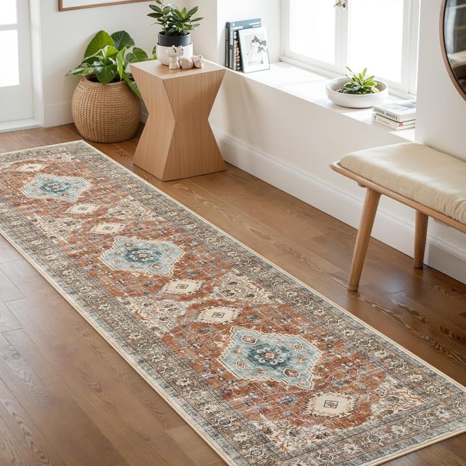 Lahome Oriental Hallway Runner Rug, 2.5x8 Kitchen Runner Non Slip Ultra-Thin, Soft Washable Hallway Rug Non Shedding Long Carpet for Entryway ?랰aundry Room Bathroom, Orange/Multi