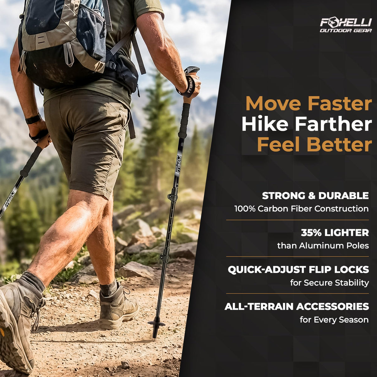 Foxelli Carbon Fiber Trekking Poles – Lightweight Collapsible Hiking Poles with Cork Grips, Quick Flip Locks & All-Terrain Accessories – Adjustable Height Hiking Sticks for Men & Women