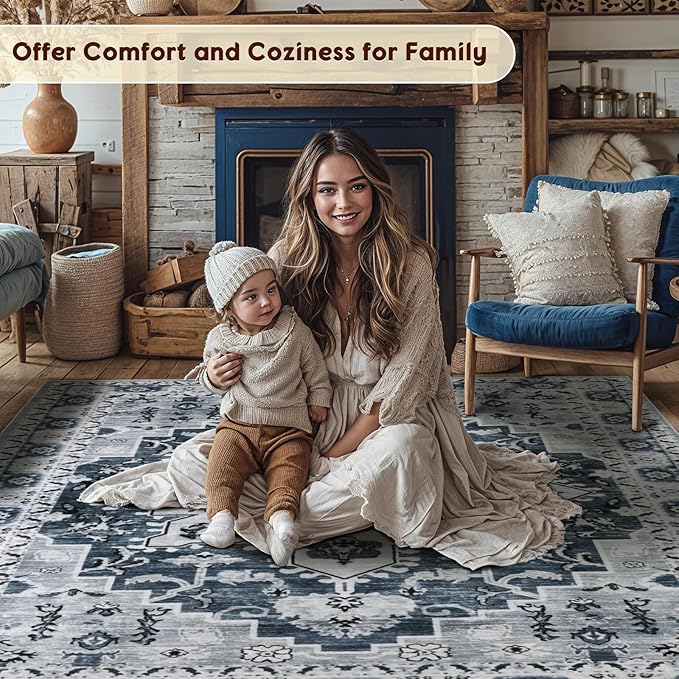 LBRO2M Boho Area Rug 5X7 Washable Rugs for Bedroom Low Piles Indoor Carpet, Non Slip Soft Rug for Living Room, Dining Room, Rug Foldable Pet Friendly Area Rugs Stain Resistant (5'X7' Dusty Blue)