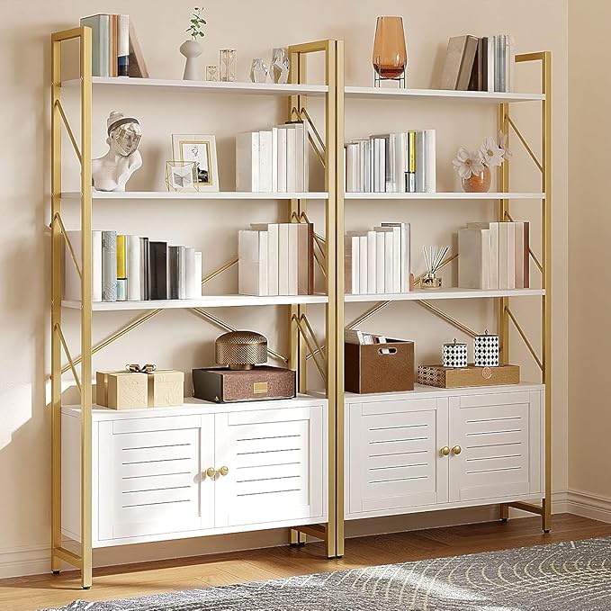 YITAHOME Bookshelf and Bookcase with Storage Cabinet, Standing 5 Tiers Book Shelves Display Rack with Doors for Bedroom Living Room Office,White&Gold