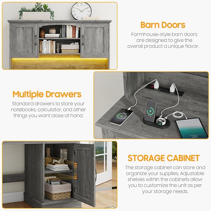 Farmhouse 47" Executive Desk with Hutch, 2 Drawers and LED Light, Computer Desk with Storage Cabinet and Charging Station,Workstation for Home Office and Study.Grey